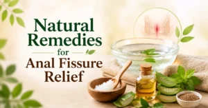 An infographic banner titled "Natural Remedies for Anal Fissure Relief" showing a medical diagram alongside a sitz bath bowl, coconut oil, aloe vera, and essential oils.