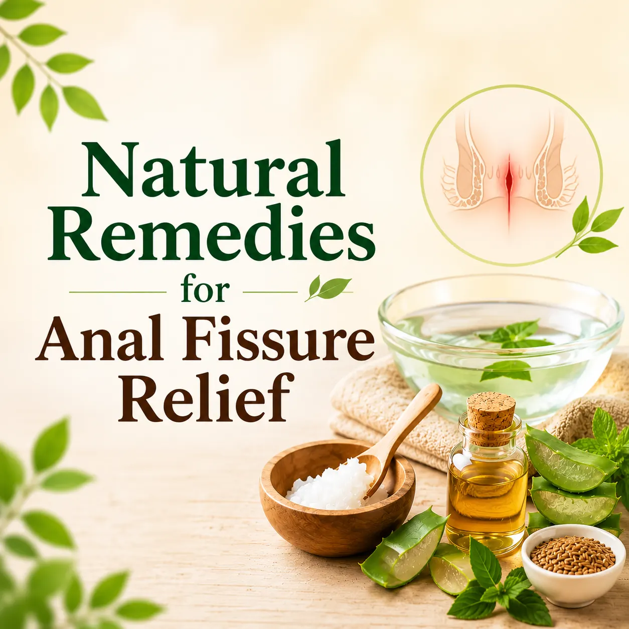 An infographic banner titled "Natural Remedies for Anal Fissure Relief" showing a medical diagram alongside a sitz bath bowl, coconut oil, aloe vera, and essential oils.