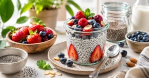 A glass jar filled with layered chia seed pudding, sliced strawberries, blueberries, fresh raspberries, and almonds on a plate with a spoon.