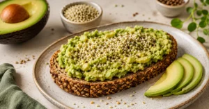A slice of whole-grain seeded toast spread with mashed avocado and heavily topped with hemp hearts and sesame seeds on a ceramic plate.