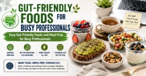 An infographic titled "Gut-Friendly Foods for Busy Professionals" showcasing easy meal prep ideas like chia pudding, avocado toast, chickpea salad, and nuts to promote a healthy gut.