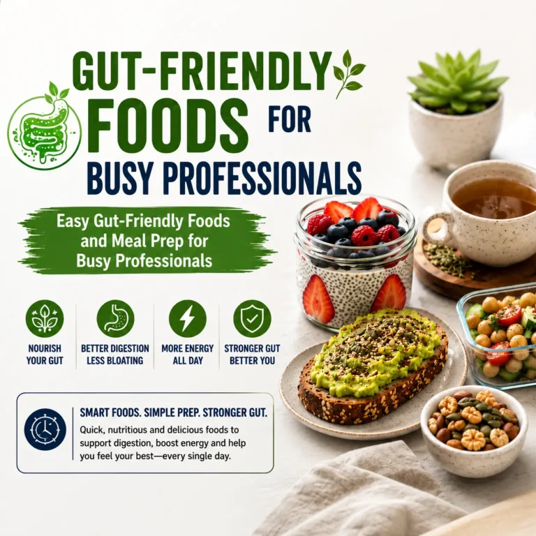 An infographic titled "Gut-Friendly Foods for Busy Professionals" showcasing easy meal prep ideas like chia pudding, avocado toast, chickpea salad, and nuts to promote a healthy gut.