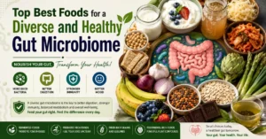 Infographic titled "Top Best Foods for a Diverse and Healthy Gut Microbiome" showcasing a microbiome friendly diet with fermented foods, prebiotic rich meals, fruits, vegetables, and an illustration of a healthy digestive system.