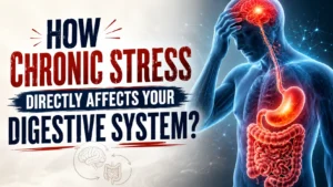 An infographic banner titled "How Chronic Stress Directly Affects Your Digestive System?" showing a glowing brain-gut connection to explain how stress affects digestion and triggers a fight or flight gut reaction.