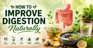 A blog banner titled "How to Improve Digestion Naturally" featuring an illustration of the human digestive system alongside ginger, herbal tea, lemon water, and a healthy breakfast bowl.