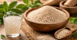 A wooden bowl filled with Isabgol psyllium husk seeds next to a small wooden scoop and a glass of water showing its gel-forming properties for natural constipation relief.