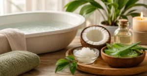 A relaxing spa-like setup featuring a white sitz bath basin next to half a coconut, a glass bowl of coconut oil paste, and fresh cut aloe vera leaves on a wooden tray.