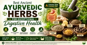 An infographic titled "Best Ayurvedic Herbs for Digestion and Gas" featuring ginger, cumin, fennel, asafoetida, and haritaki for improving gut health naturally.