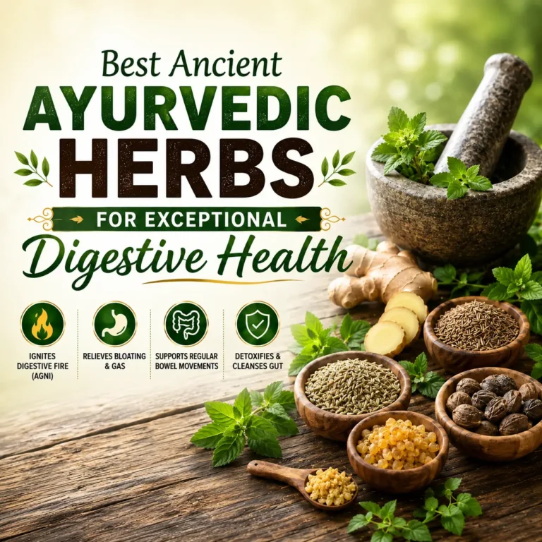 An infographic titled "Best Ancient Ayurvedic Herbs for Exceptional Digestive Health" featuring ginger, cumin, fennel, asafoetida, and haritaki for improving gut health naturally.