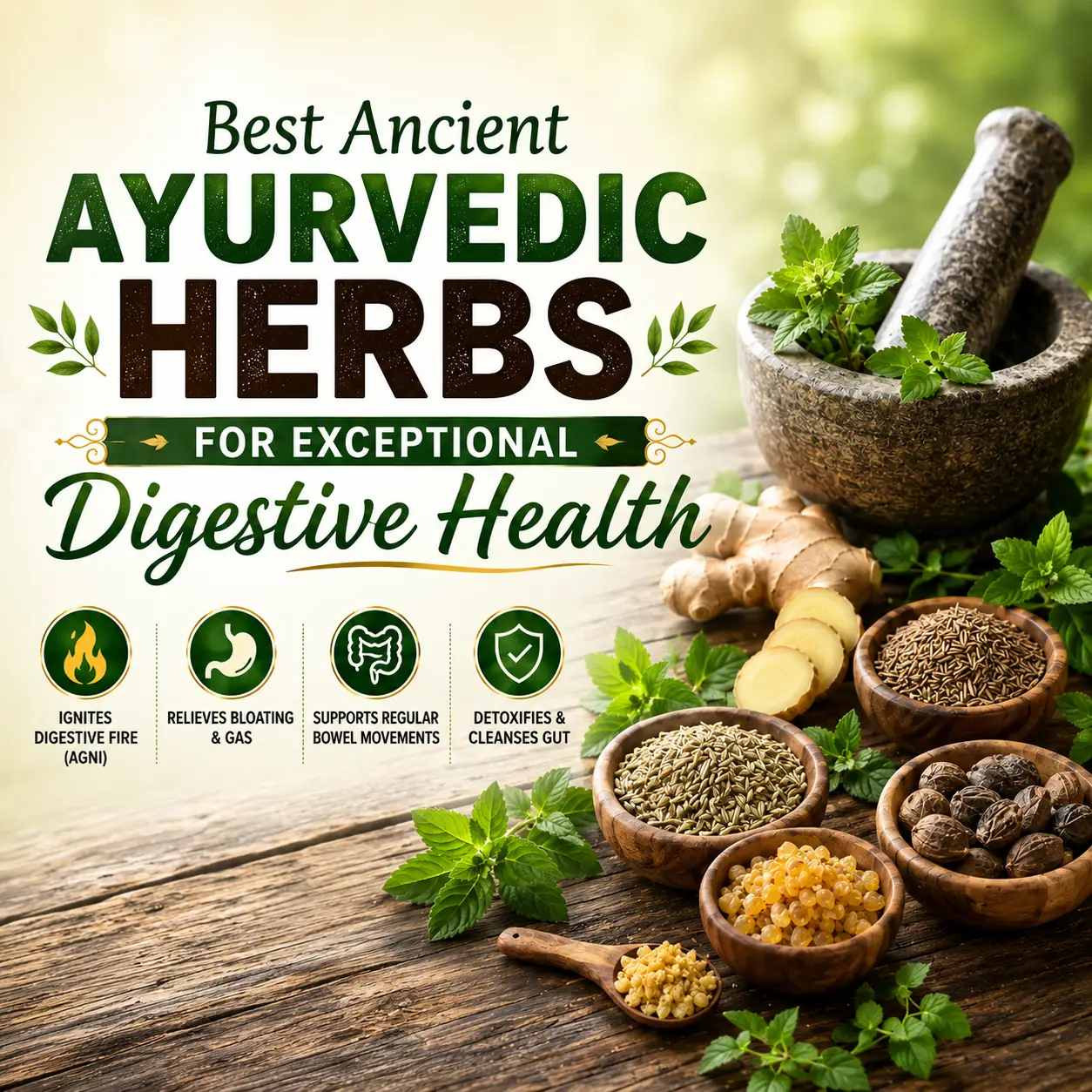 An infographic titled "Best Ancient Ayurvedic Herbs for Exceptional Digestive Health" featuring ginger, cumin, fennel, asafoetida, and haritaki for improving gut health naturally.