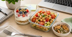 Desk friendly probiotic snacks featuring a glass jar of layered Greek yogurt with blueberries and strawberries alongside a glass meal prep container of chickpea salad and a small bowl of walnuts.