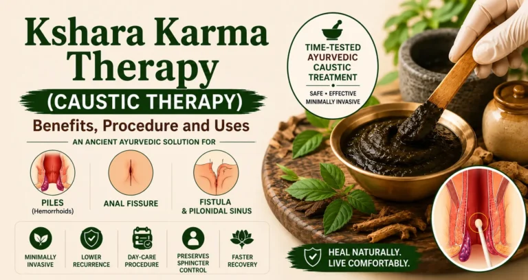 An infographic titled "Kshara Karma Therapy (Caustic Therapy): Benefits, Procedure and Uses" detailing an ancient Ayurvedic solution for piles, anal fissure, fistula, and pilonidal sinus.