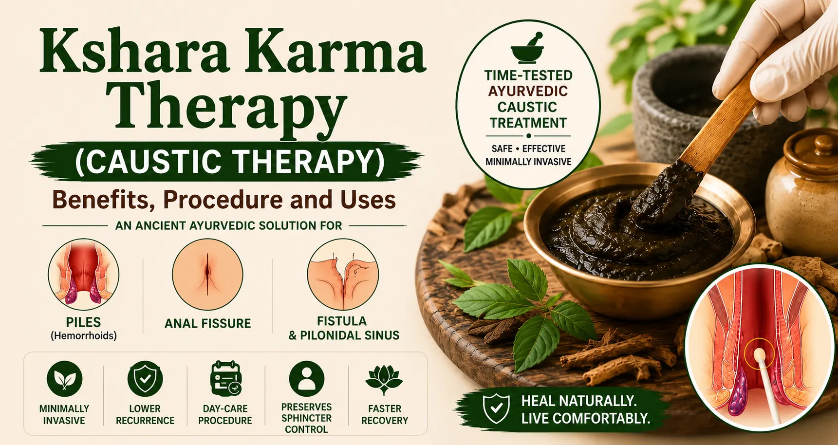 An infographic titled "Kshara Karma Therapy (Caustic Therapy): Benefits, Procedure and Uses" detailing an ancient Ayurvedic solution for piles, anal fissure, fistula, and pilonidal sinus.