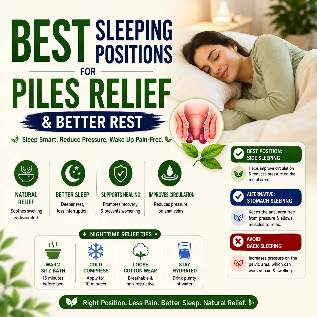 An infographic titled "Best Sleeping Positions for Piles Relief & Better Rest" explaining that side sleeping reduces pressure, stomach sleeping is an alternative, and back sleeping should be avoided.