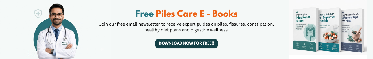 A horizontal banner advertising "Free Piles Care E-Books" with a friendly male doctor on the left, a "Download Now For Free!!" button in the middle, and three book mockups on the right covering piles relief, digestive nutrition, and home remedies.