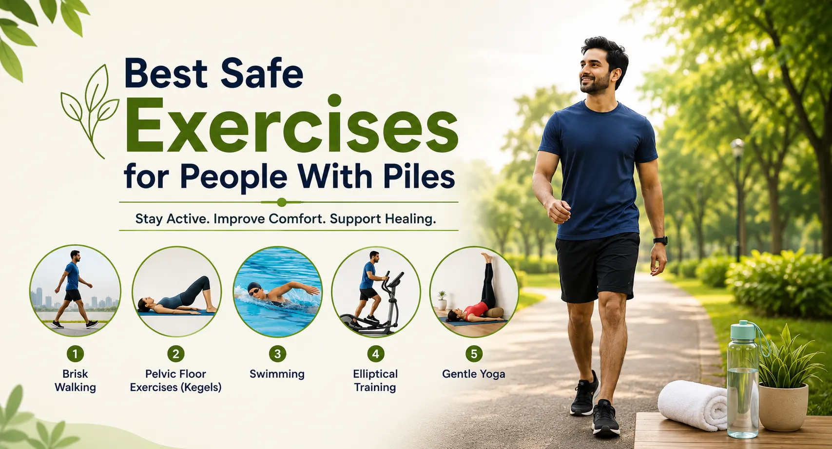 An infographic titled "Best Safe Exercises for People With Piles" showing five workout modifications: brisk walking, pelvic floor exercises (Kegels), swimming, elliptical training, and gentle yoga.