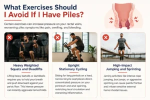 An infographic titled "What Exercises Should I Avoid If I Have Piles?" showing three banned activities: heavy weighted squats and deadlifts, upright stationary cycling, and high-impact jumping and sprinting.