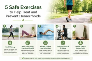 An infographic titled "5 Safe Exercises to Help Treat and Prevent Hemorrhoids" showcasing brisk walking, deep pelvic floor exercises (Kegels), aquatic fitness and swimming, smooth elliptical training, and tailored yoga.