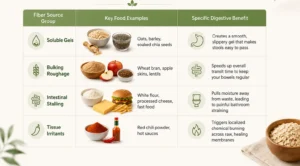 An infographic titled "Fiber Sources and Their Digestive Benefits" comparing helpful fiber groups like soluble gels and bulking roughage with harmful groups like intestinal stalling foods and tissue irritants.