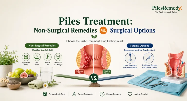 An infographic comparing non-surgical remedies vs. surgical options for piles treatment, highlighting dietary and lifestyle changes for Grade 1 and 2 hemorrhoids versus laser treatment and surgery for Grade 3 and 4 hemorrhoids.