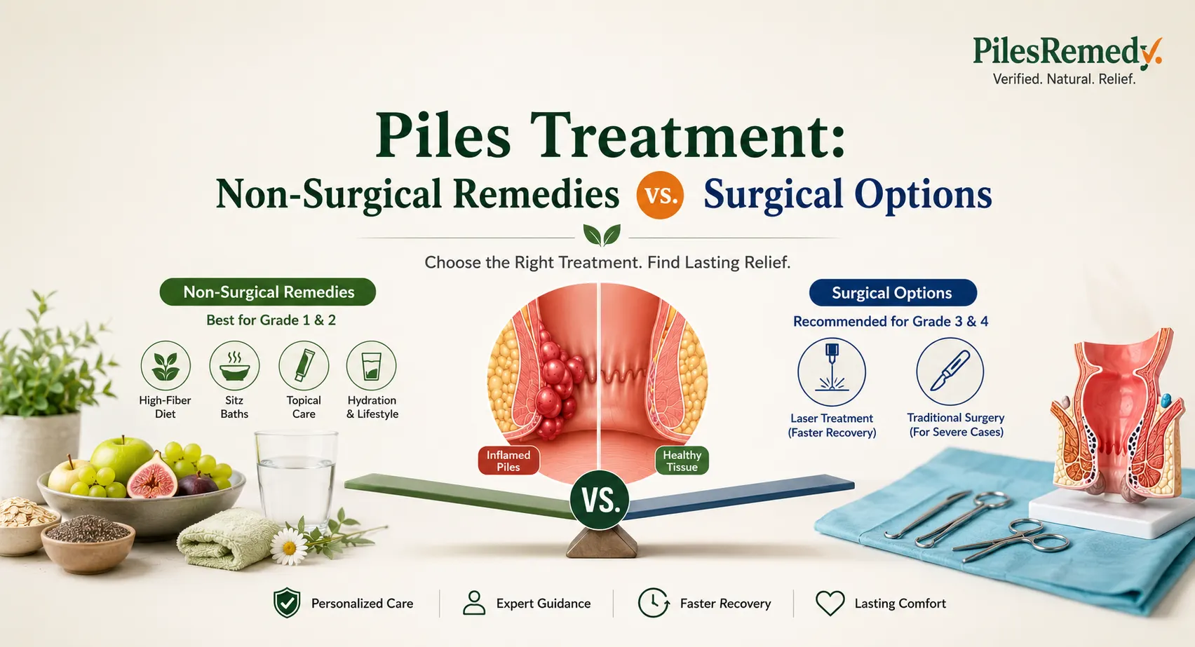 An infographic comparing non-surgical remedies vs. surgical options for piles treatment, highlighting dietary and lifestyle changes for Grade 1 and 2 hemorrhoids versus laser treatment and surgery for Grade 3 and 4 hemorrhoids.