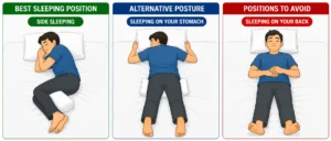 A three-panel medical illustration showing the best sleeping positions for piles: side sleeping with a pillow between the legs, sleeping on the stomach with a pillow under the pelvis, and sleeping on the back as a position to avoid.