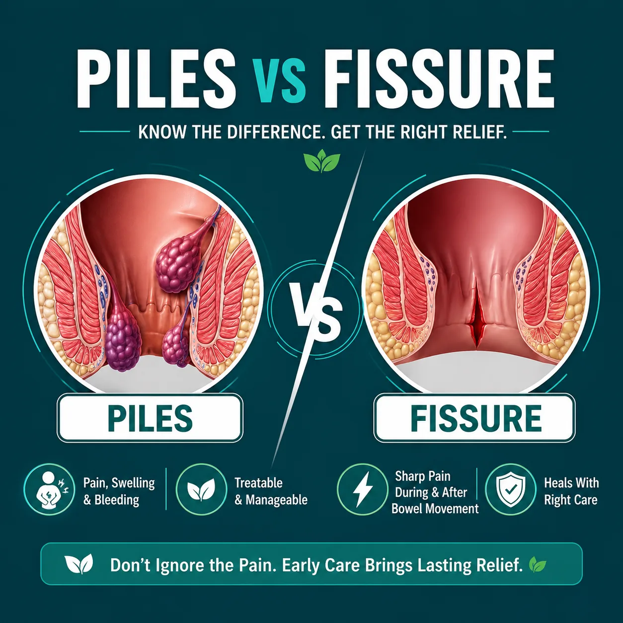 Infographic titled "Piles vs Fissure: Understanding the Symptoms" with anatomical illustrations comparing the visual differences between hemorrhoids (piles) and an anal fissure.