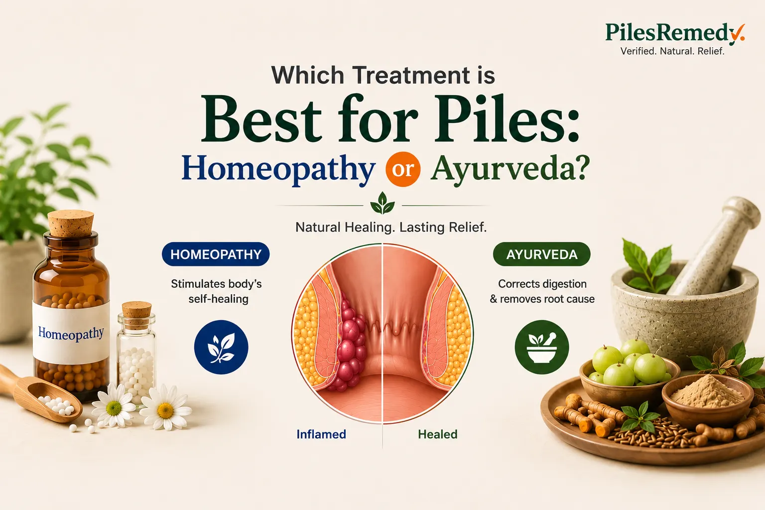 An infographic titled "Which Treatment is Best for Piles: Homeopathy or Ayurveda?" comparing the mechanism of homeopathy stimulating self-healing versus Ayurveda correcting digestion and removing the root cause.