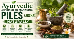 An infographic titled "Ayurvedic Approach to Managing Piles (Arsha) Naturally" showcasing holistic healing, Tridosha balance, herbal remedies, and traditional mortar and pestle setups.
