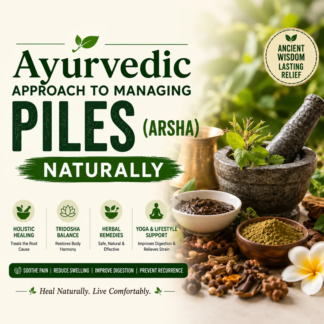 An infographic titled "Ayurvedic Approach to Managing Piles (Arsha) Naturally" showcasing holistic healing, Tridosha balance, herbal remedies, and traditional mortar and pestle setups.