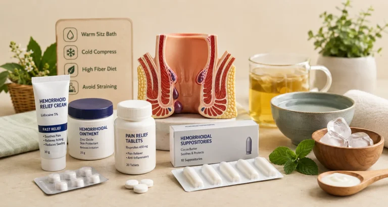 A medical arrangement displaying top options for piles pain relief, including Lidocaine 5% relief cream, Zinc Oxide ointment, Ibuprofen 400 mg tablets, cocoa butter suppositories, an anatomical rectal model, and home care items like ice cubes and tea.