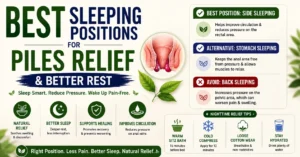 An infographic titled "Best Sleeping Positions for Piles Relief & Better Rest" explaining that side sleeping reduces pressure, stomach sleeping is an alternative, and back sleeping should be avoided.