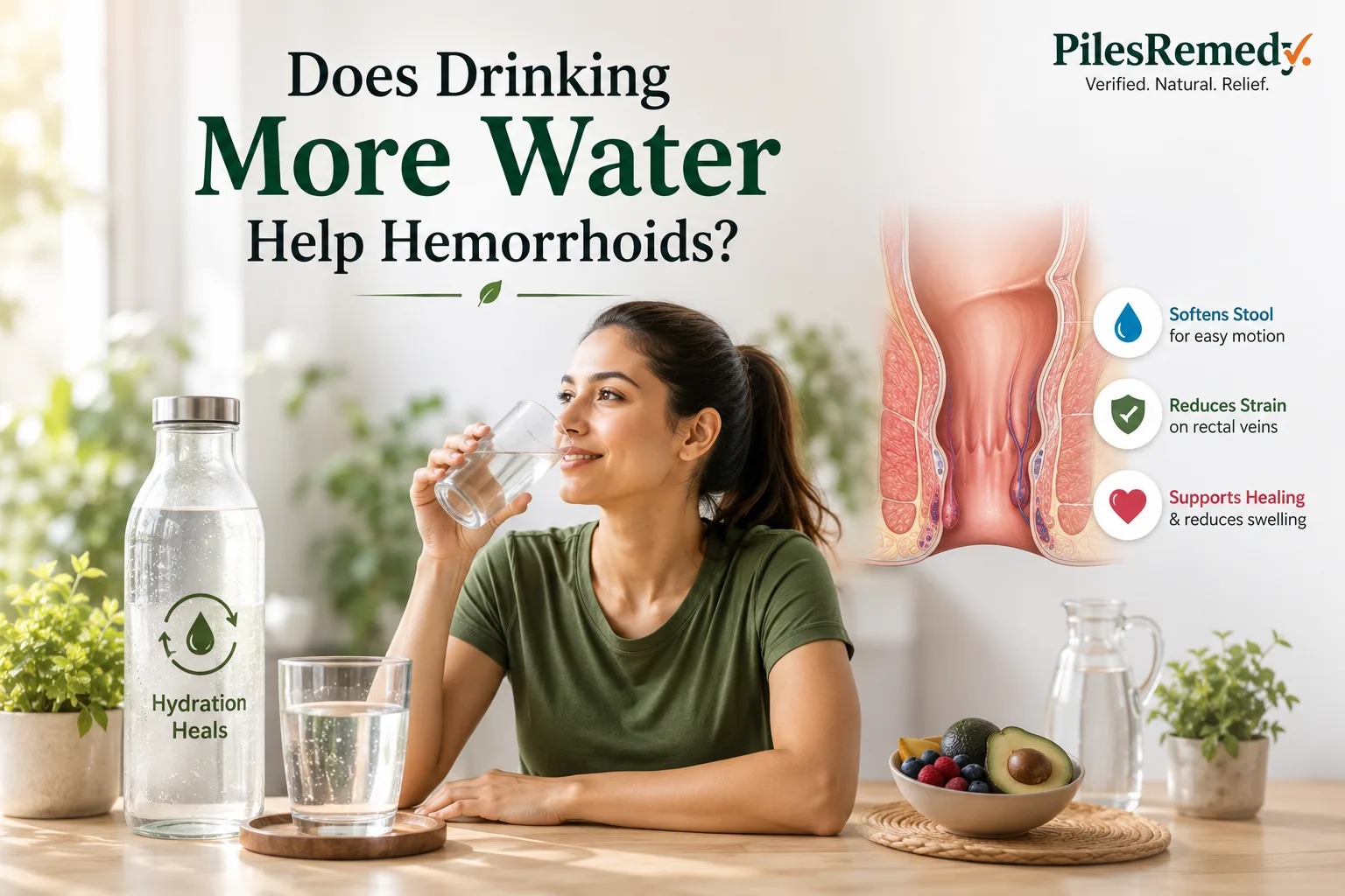 An infographic titled "Does Drinking More Water Help Hemorrhoids?" showing a visual comparison of hydrated vs dehydrated stool and highlighting daily water intake recommendations to prevent constipation.