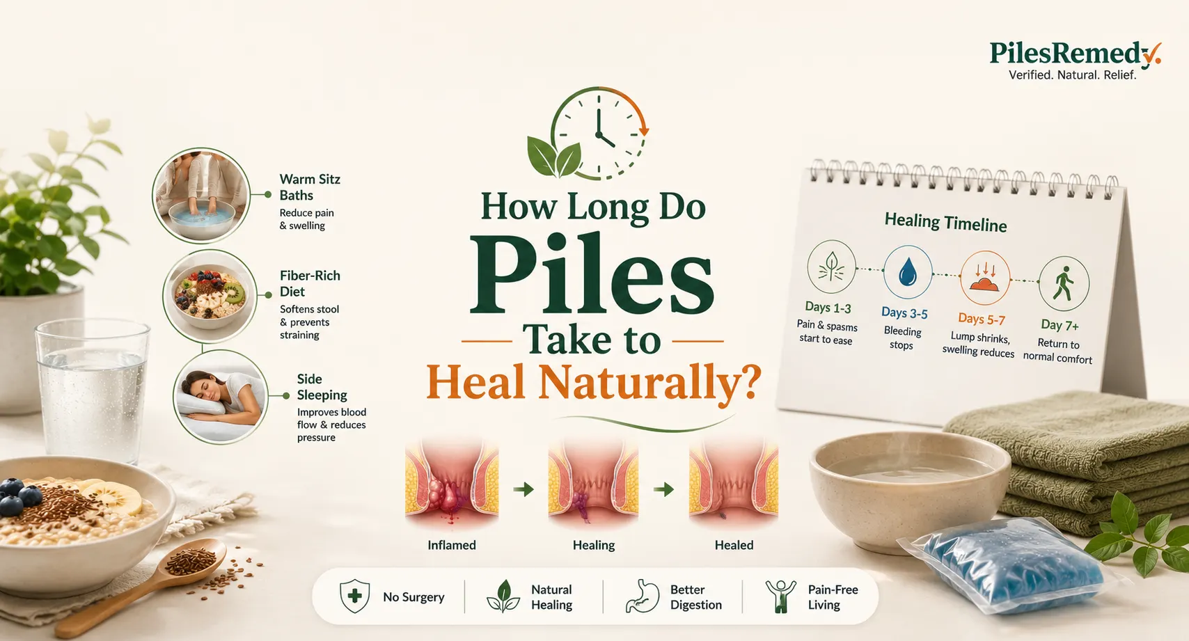 An infographic titled "How Long Do Piles Take to Heal Naturally?" outlining a natural timeline from days 1 to 7+ alongside expected healing windows for mild, thrombosed, and chronic prolapsed hemorrhoids.