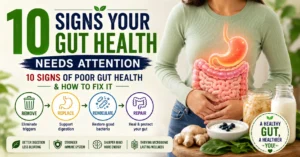 An infographic titled "10 Signs Your Gut Health Needs Attention" detailing warning indicators like bloating and fatigue alongside a 4-stage gut healing blueprint to fix poor gut health.