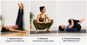 A three-panel infographic showing yoga poses for digestion: Viparita Karani (Legs-Up-The-Wall Pose), Malasana (Garland Pose / Deep Squat), and Pawanmuktasana (Wind-Relieving Pose).